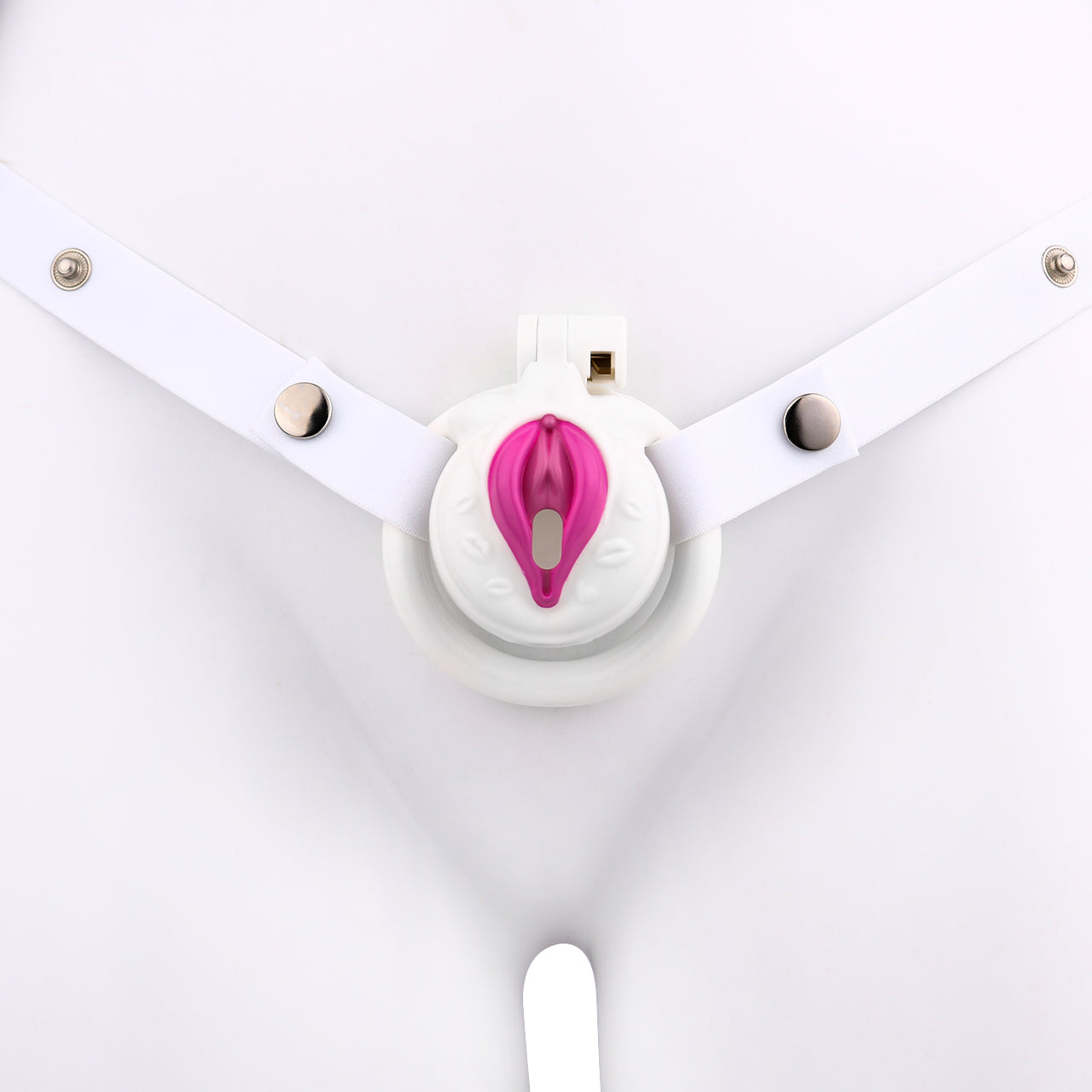 Cage de chasteté plate en forme de vagin - Blanc et rose