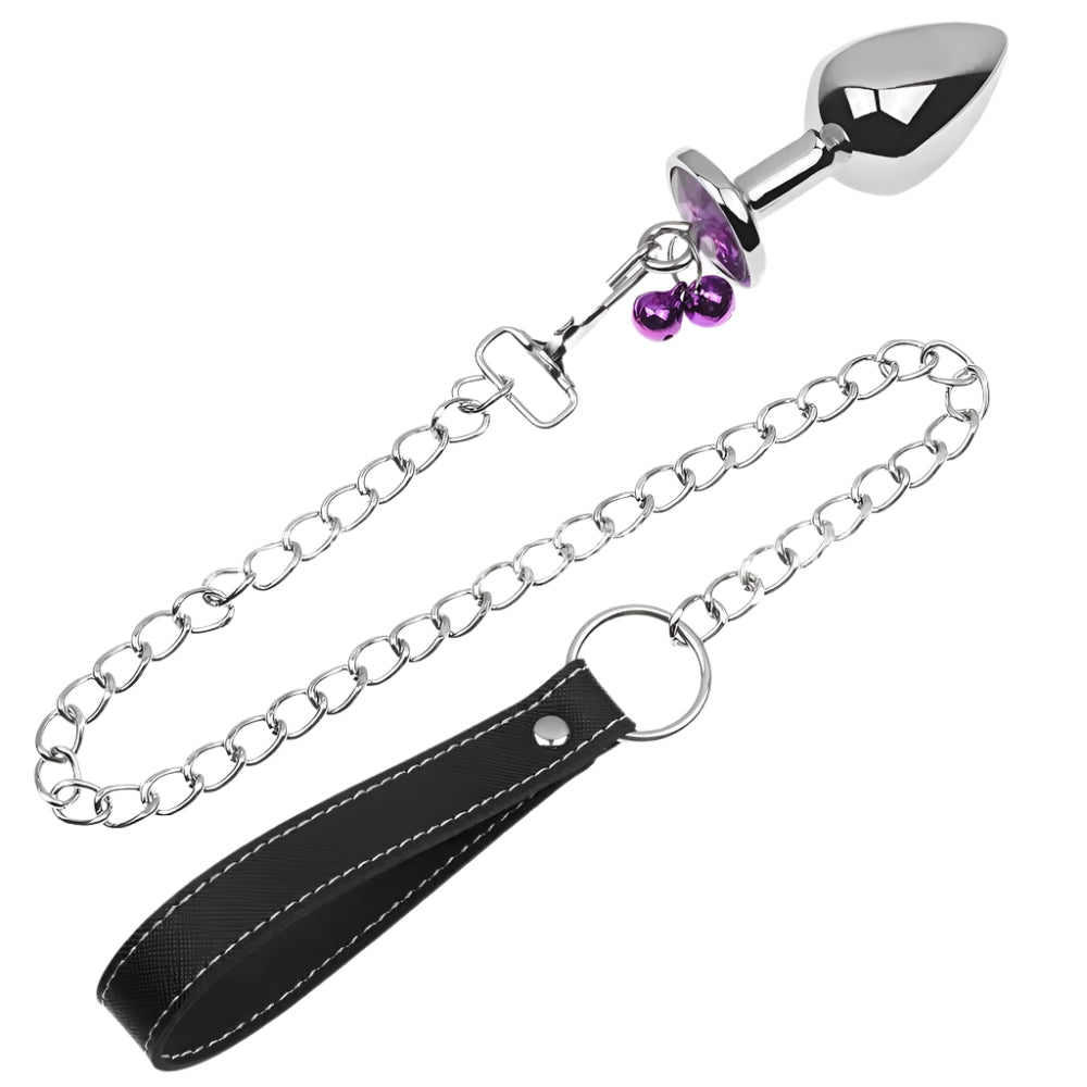 Plug anal violet avec bijoux, cloches et laisse