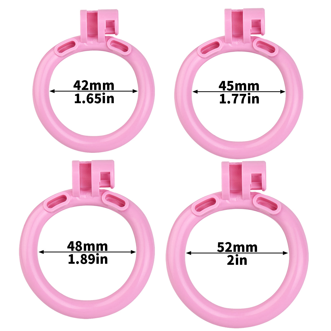 "A sleek flat chastity cage and bold inverted chastity cage paired with a vibrant pink chastity cage, designed for long-term chastity."