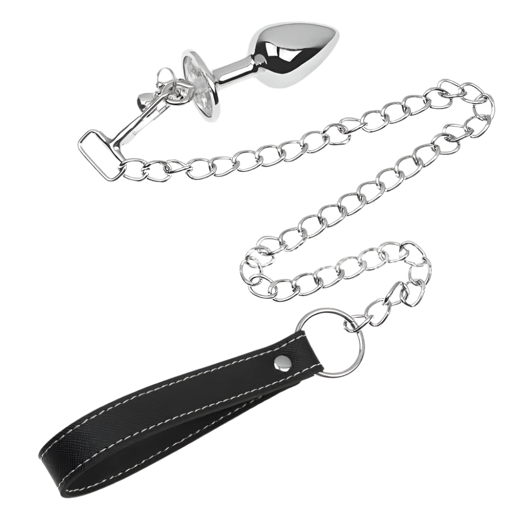 Plug anal blanc avec bijoux, cloches et laisse
