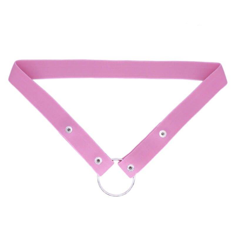 Elastic waist strap for chastity cage in pink, featuring adjustable snaps and a central metal ring for secure attachment.