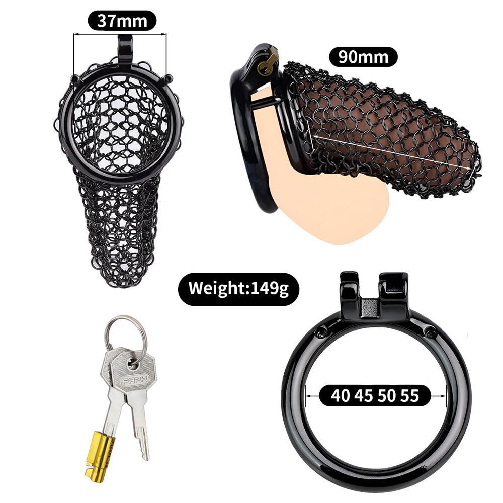 Metal Chastity Cage - Breathable Net - L - Black