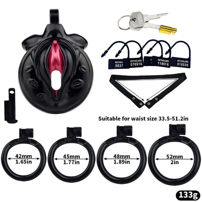 Vagina-Shaped Flat Chastity Cage - Black & Red