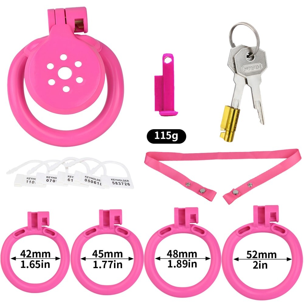 "Durable pink chastity cage with a lightweight build for male chastity devices."