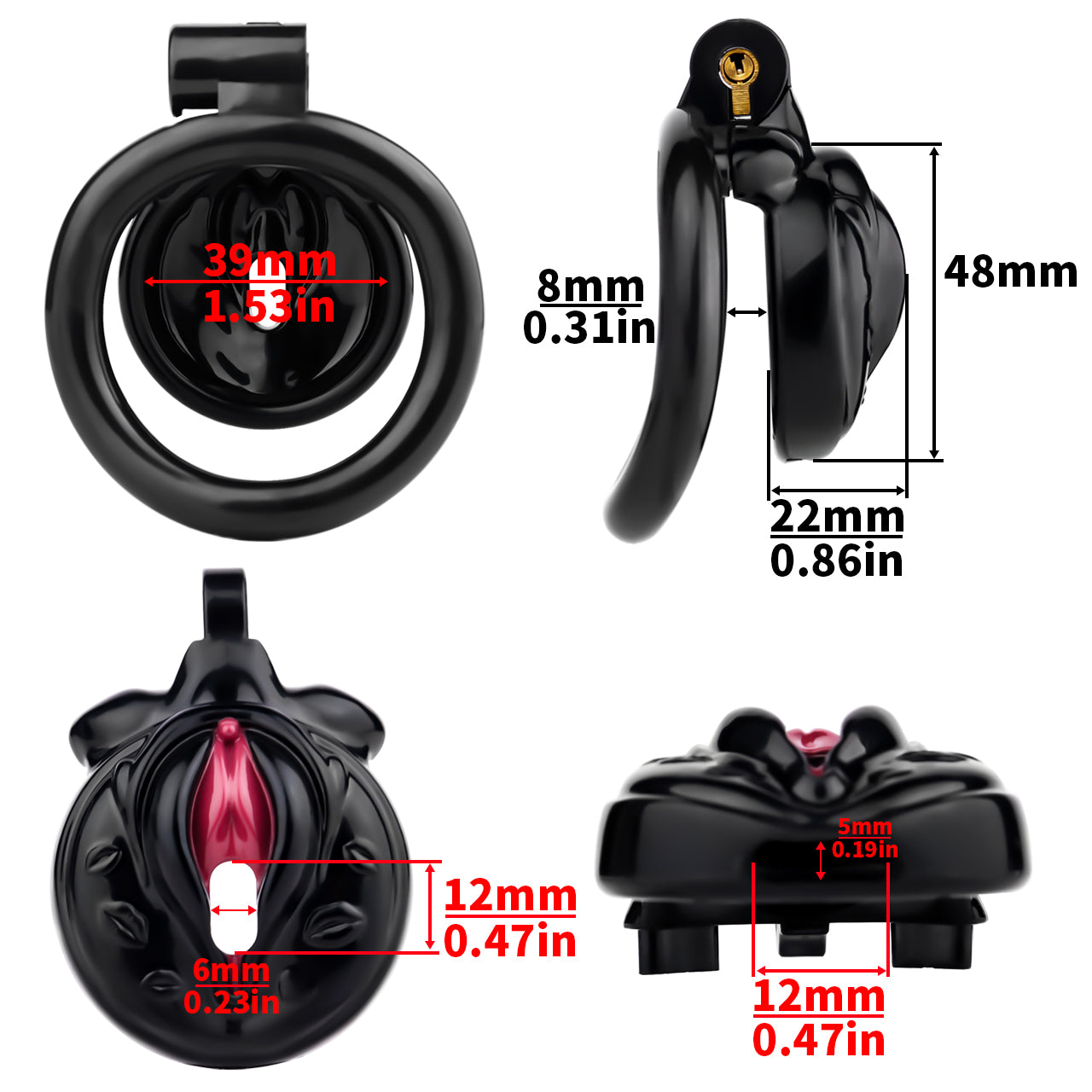 Vagina-Shaped Flat Chastity Cage - Black & Red