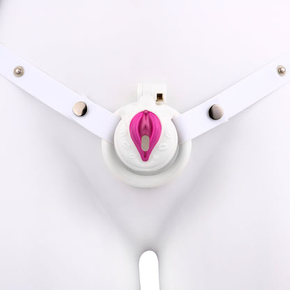 Vagina-Shaped Flat Chastity Cage - White & Pink