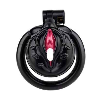 Vagina-Shaped Flat Chastity Cage - Black & Red