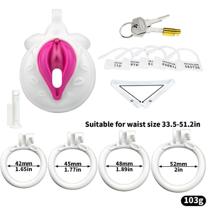 Vagina-Shaped Flat Chastity Cage - White & Pink