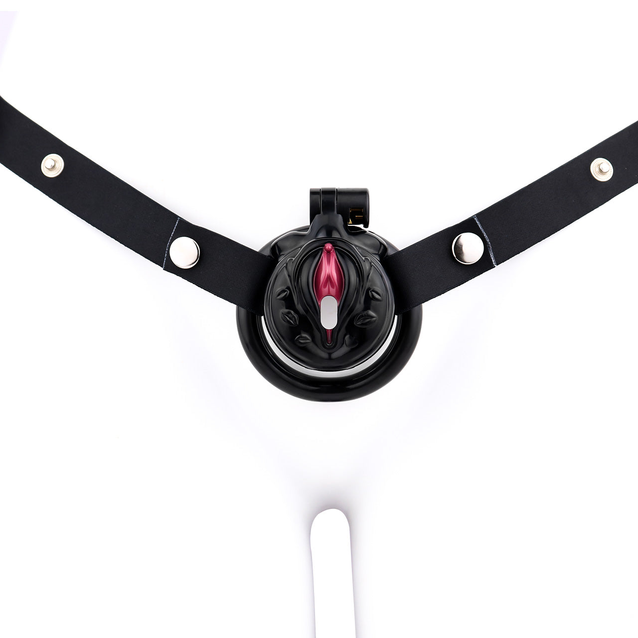 Vagina-Shaped Flat Chastity Cage - Black & Red