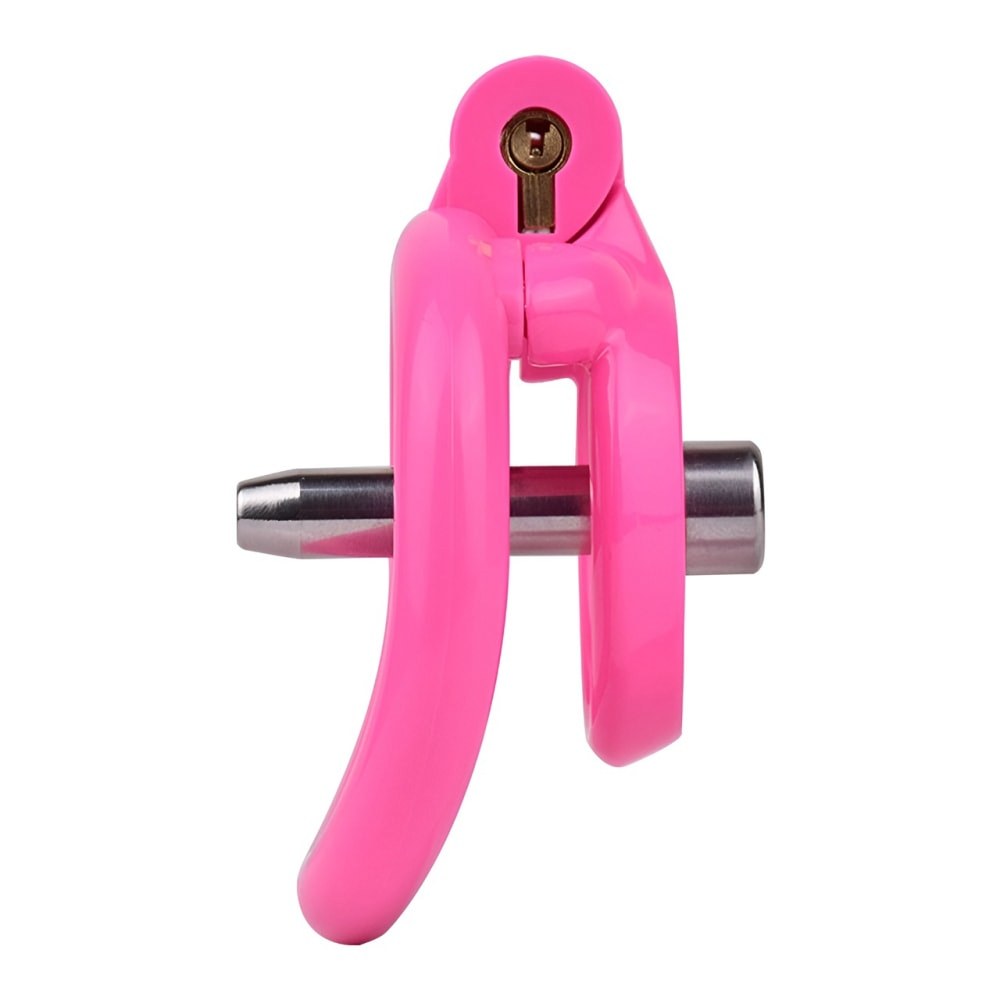 "Compact pink chastity cage designed for sissy cuckold and chastity training sessions."