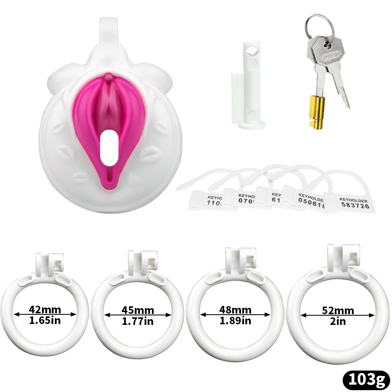 Vagina-Shaped Flat Chastity Cage - White & Pink