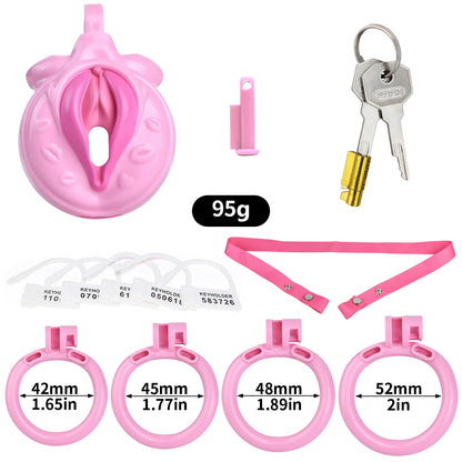 Vagina-Shaped Flat Chastity Cage - Pink