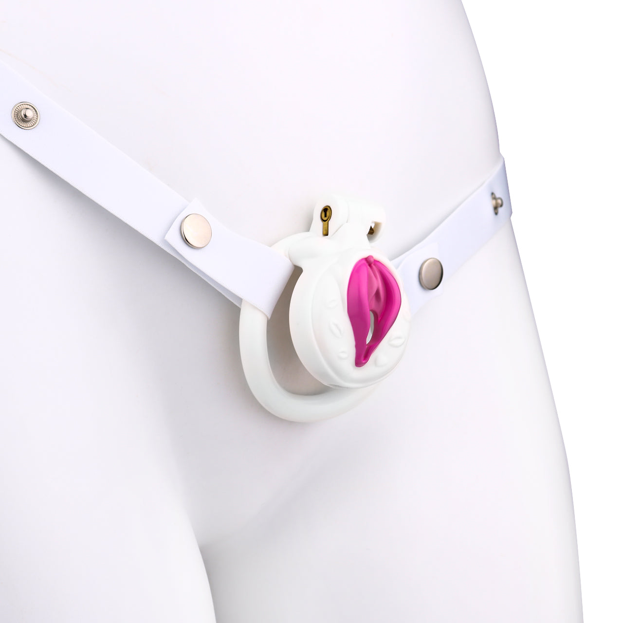 Vagina-Shaped Flat Chastity Cage - White & Pink