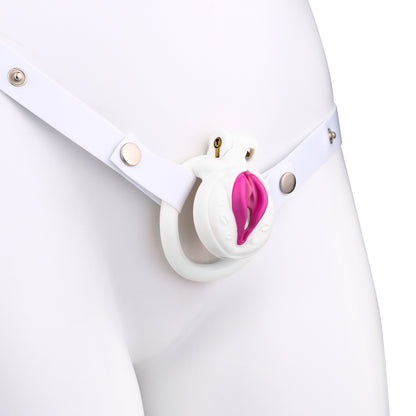 Vagina-Shaped Flat Chastity Cage - White & Pink