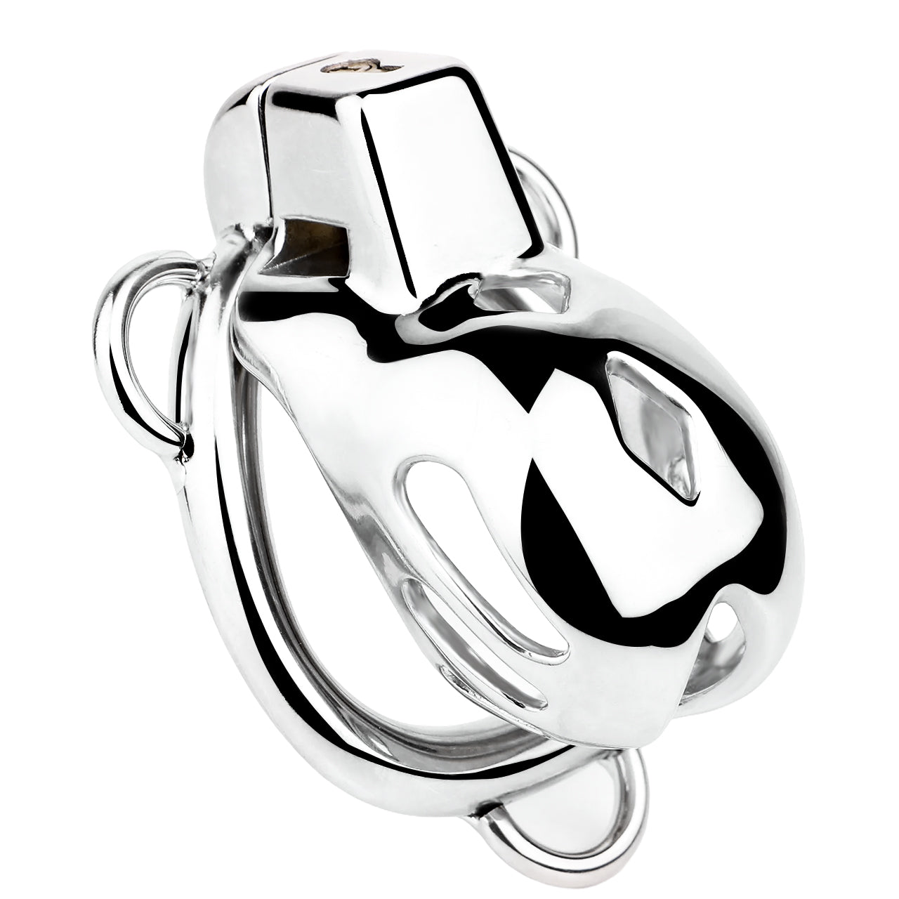 "Stylish metal chastity cage crafted for chastity bondage and male chastity captions."