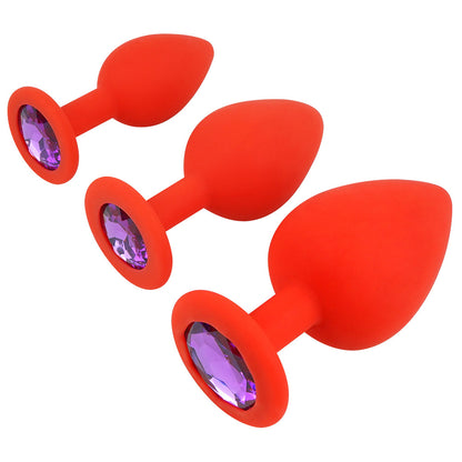 Red Silicone Butt Plug Kit With Diamond