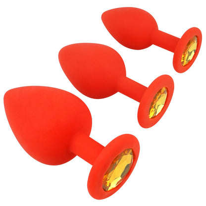 Red Silicone Butt Plug Kit With Diamond