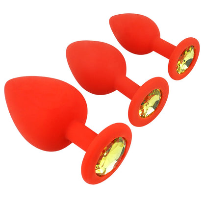 Red Silicone Butt Plug Kit With Diamond