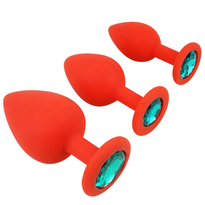 Red Silicone Butt Plug Kit With Diamond