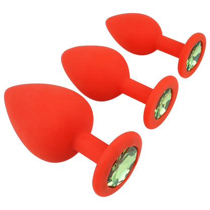 Red Silicone Butt Plug Kit With Diamond