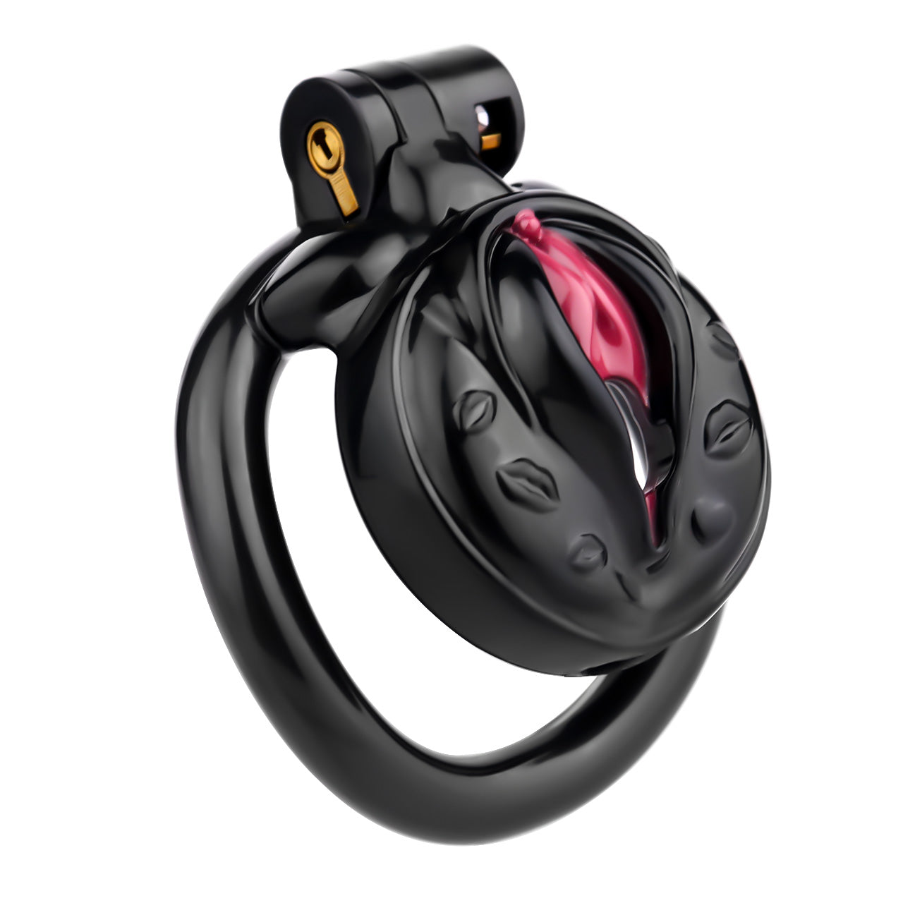 Vagina-Shaped Flat Chastity Cage - Black & Red