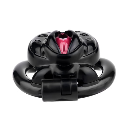 Vagina-Shaped Flat Chastity Cage - Black & Red