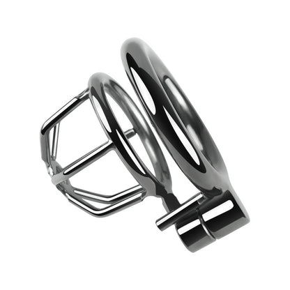 "Stylish metal chastity cage crafted for chastity slave and sissy cuckold scenarios."