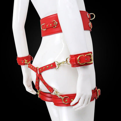 Side view of red BDSM bondage leg cuffs set