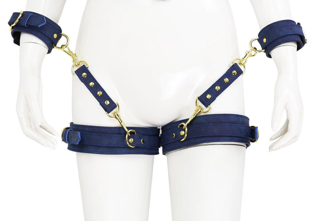 Blue BDSM bondage leg cuffs with arm restraints