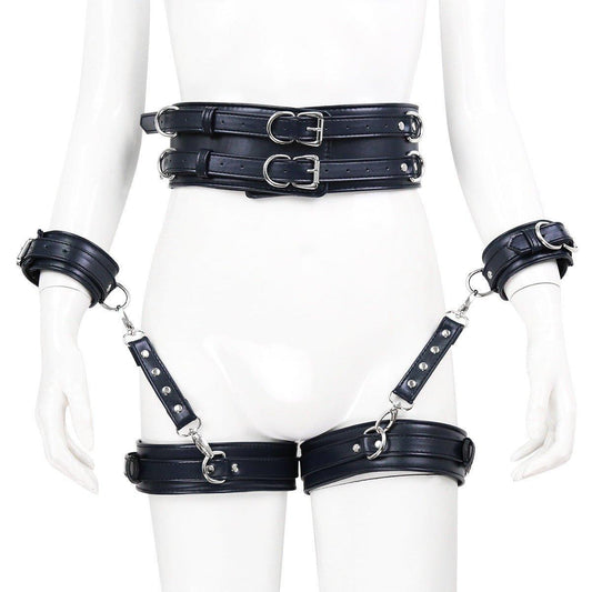 Black BDSM bondage leg cuffs with waist belt