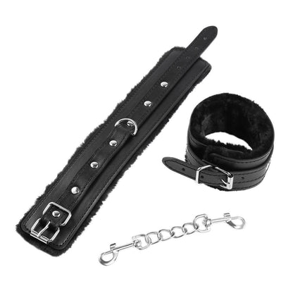 Black fur-lined BDSM handcuffs and restraint