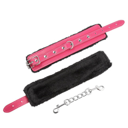 Pink and black fur-lined BDSM wrist restraints