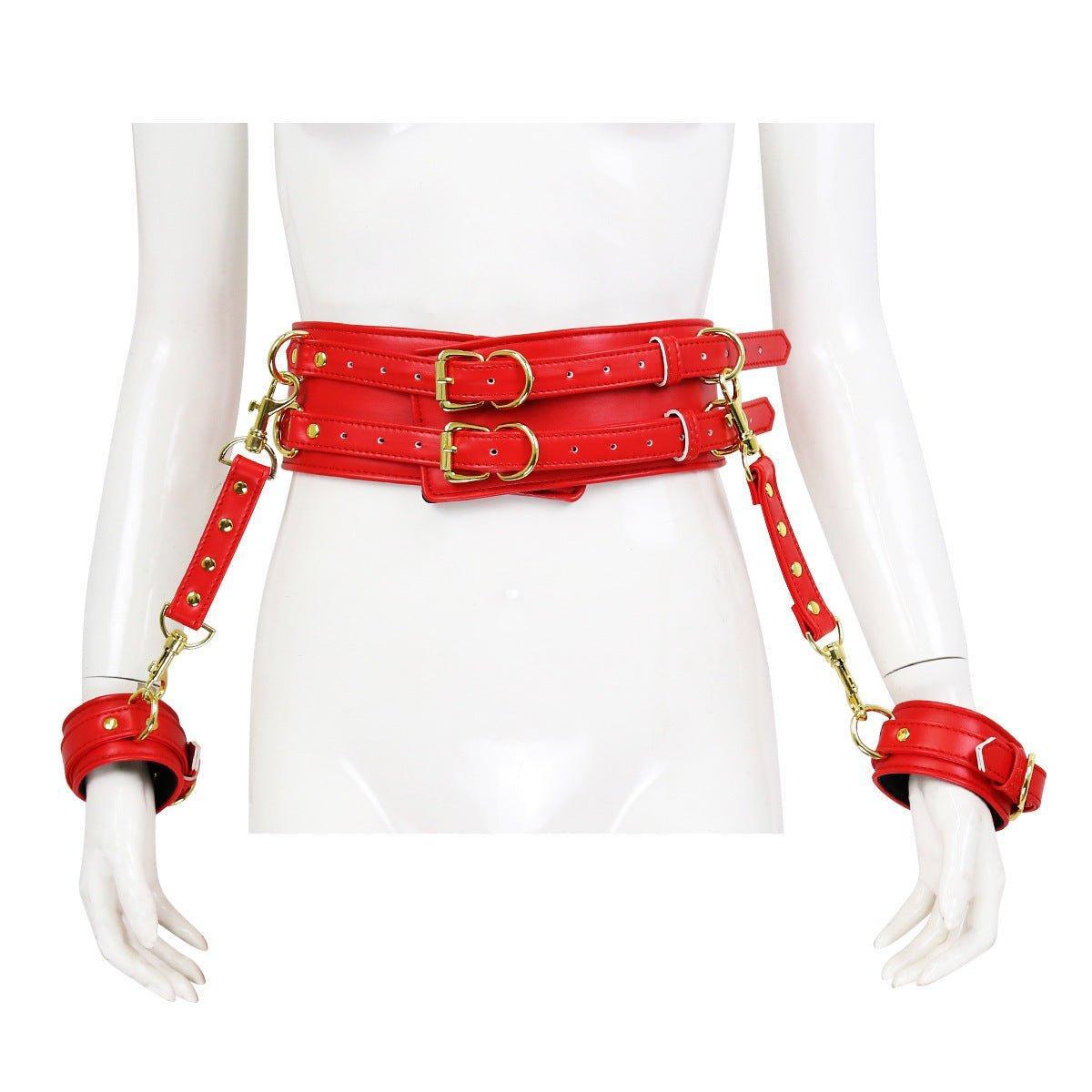 Red BDSM bondage waist and hand cuffs set