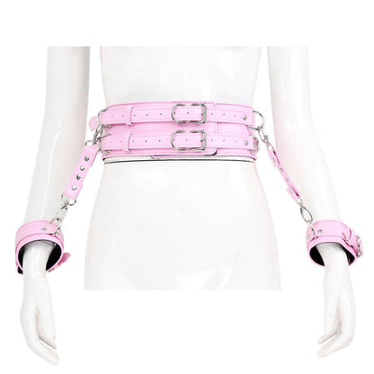 Pink BDSM bondage waist and hand cuffs set