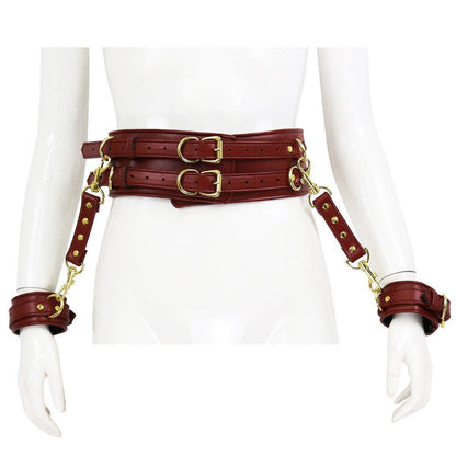 Brown BDSM bondage waist and hand cuffs set